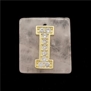 Rose Quartz Square Pendant With Copper Letter-I Pave Zirconia Gold Plated, approx 18mm [GM24716]