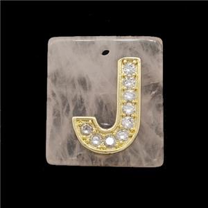 Rose Quartz Square Pendant With Copper Letter-J Pave Zirconia Gold Plated, approx 18mm [GM24717]