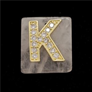 Rose Quartz Square Pendant With Copper Letter-K Pave Zirconia Gold Plated, approx 18mm [GM24718]