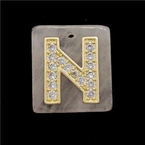 Rose Quartz Square Pendant With Copper Letter-N Pave Zirconia Gold Plated, approx 18mm [GM24721]