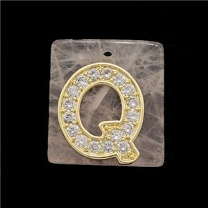 Rose Quartz Square Pendant With Copper Letter-Q Pave Zirconia Gold Plated, approx 18mm [GM24724]