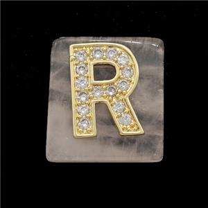 Rose Quartz Square Pendant With Copper Letter-R Pave Zirconia Gold Plated, approx 18mm [GM24725]