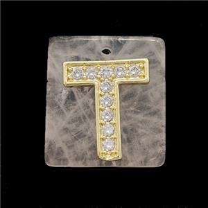 Rose Quartz Square Pendant With Copper Letter-T Pave Zirconia Gold Plated, approx 18mm [GM24727]