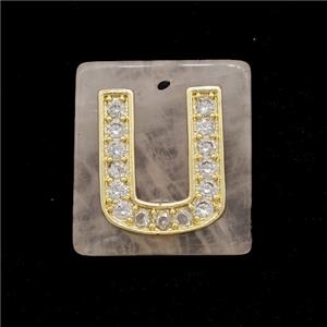Rose Quartz Square Pendant With Copper Letter-U Pave Zirconia Gold Plated, approx 18mm [GM24728]