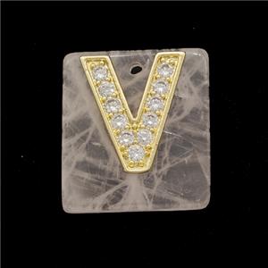 Rose Quartz Square Pendant With Copper Letter-V Pave Zirconia Gold Plated, approx 18mm [GM24729]