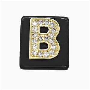 Black Obsidian Square Pendant With Copper Letter-B Pave Zirconia Gold Plated, approx 18mm [GM24736]