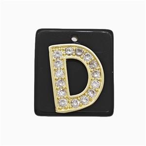 Black Obsidian Square Pendant With Copper Letter-D Pave Zirconia Gold Plated, approx 18mm [GM24738]