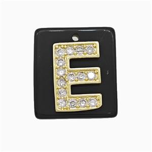 Black Obsidian Square Pendant With Copper Letter-E Pave Zirconia Gold Plated, approx 18mm [GM24739]