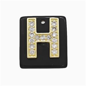Black Obsidian Square Pendant With Copper Letter-H Pave Zirconia Gold Plated, approx 18mm [GM24742]