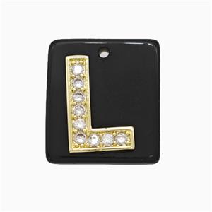Black Obsidian Square Pendant With Copper Letter-L Pave Zirconia Gold Plated, approx 18mm [GM24746]