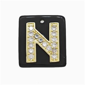 Black Obsidian Square Pendant With Copper Letter-N Pave Zirconia Gold Plated, approx 18mm [GM24748]
