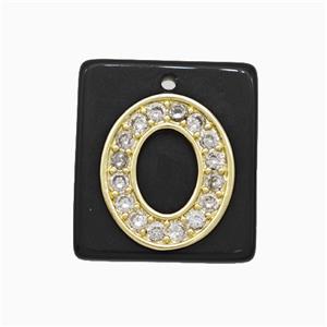 Black Obsidian Square Pendant With Copper Letter-O Pave Zirconia Gold Plated, approx 18mm [GM24749]