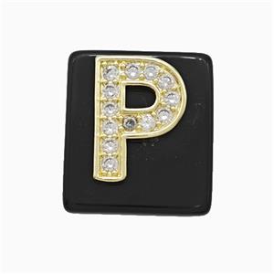 Black Obsidian Square Pendant With Copper Letter-P Pave Zirconia Gold Plated, approx 18mm [GM24750]