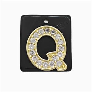 Black Obsidian Square Pendant With Copper Letter-Q Pave Zirconia Gold Plated, approx 18mm [GM24751]