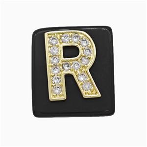 Black Obsidian Square Pendant With Copper Letter-R Pave Zirconia Gold Plated, approx 18mm [GM24752]