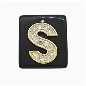 Black Obsidian Square Pendant With Copper Letter-S Pave Zirconia Gold Plated, approx 18mm [GM24753]