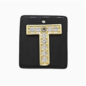 Black Obsidian Square Pendant With Copper Letter-T Pave Zirconia Gold Plated, approx 18mm [GM24754]