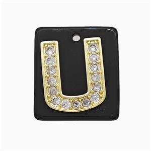 Black Obsidian Square Pendant With Copper Letter-U Pave Zirconia Gold Plated, approx 18mm [GM24755]