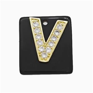 Black Obsidian Square Pendant With Copper Letter-V Pave Zirconia Gold Plated, approx 18mm [GM24756]