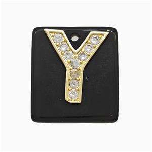 Black Obsidian Square Pendant With Copper Letter-Y Pave Zirconia Gold Plated, approx 18mm [GM24759]