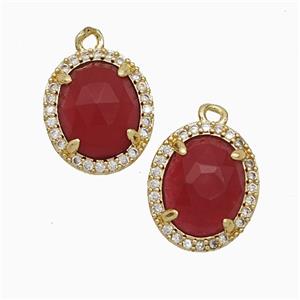 Red Dye Jade Oval Pendant Copper Pave Zirconia Gold Plated, approx 11-13mm [GM24837]