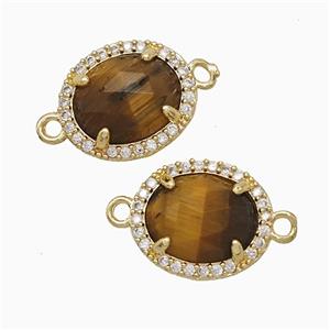 Tiger Eye Stone Oval Connector Copper Pave Zirconia Gold Plated, approx 11-13mm [GM24850]