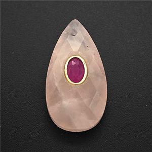 Pink Rose Quartz Teardrop Pendant Pave Zirconia Faceted, approx 13-25mm [GM25026]