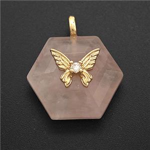 Pink Rose Quartz Hexagon Pendant Pave Zirconia Copper Butterfly, approx 17-19mm [GM25034]