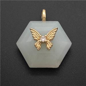 Chinese Amazonite Hexagon Pendant Pave Zirconia Copper Butterfly, approx 17-19mm [GM25035]