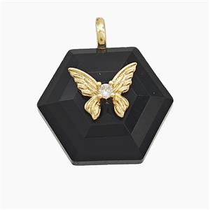 Black Obsidian Hexagon Pendant Pave Zirconia Copper Butterfly, approx 17-19mm [GM25036]