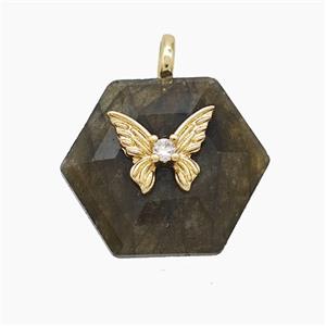 Labradorite Hexagon Pendant Pave Zirconia Copper Butterfly, approx 17-19mm [GM25037]