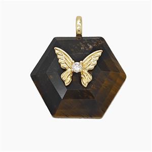 Tiger Eye Stone Hexagon Pendant Pave Zirconia Copper Butterfly, approx 17-19mm [GM25039]