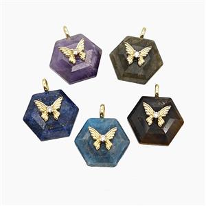 Natural Gemstone Hexagon Pendant Pave Zirconia Copper Butterfly Mixed, approx 17-19mm [GM25044]