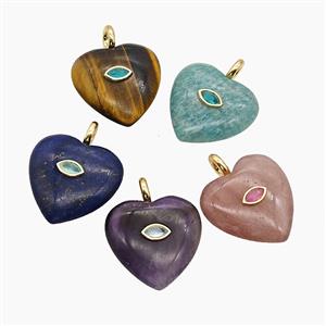 Natural Gemstone Heart Pendant Pave Zirconia Eye Mixed, approx 25mm [GM25056]