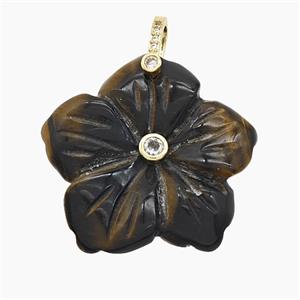 Natural Tiger Eye Stone Flower Pendant Pave Zirconia Carved, approx 30mm [GM25064]