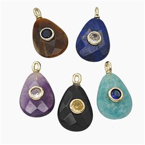 Natural Gemstone Teardrop Pendant Pave Zirconia Flat Faceted Mixed, approx 12-16mm [GM25169]