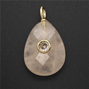 Natural Pink Rose Quartz Teardrop Pendant Pave Zirconia Faceted, approx 15-20mm [GM25170]