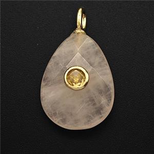 Natural Pink Rose Quartz Teardrop Pendant Pave Zirconia Faceted, approx 15-20mm [GM25171]