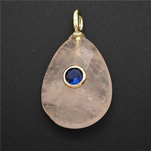 Natural Pink Rose Quartz Teardrop Pendant Pave Zirconia Faceted, approx 15-20mm [GM25172]