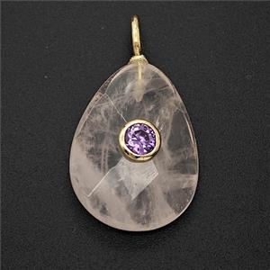 Natural Rose Quartz Teardrop Pendant Pave Zirconia Faceted, approx 15-20mm [GM25173]