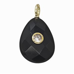 Natural Black Obsidian Teardrop Pendant Pave Zirconia Faceted, approx 15-20mm [GM25174]
