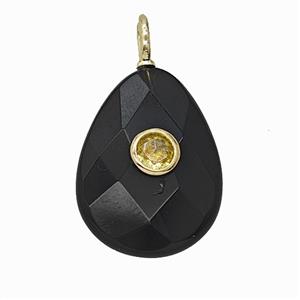 Natural Black Obsidian Teardrop Pendant Pave Zirconia Faceted, approx 15-20mm [GM25175]