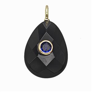 Natural Black Obsidian Teardrop Pendant Pave Zirconia Faceted, approx 15-20mm [GM25176]