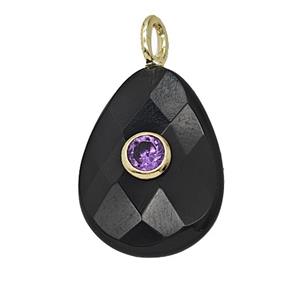 Natural Black Obsidian Teardrop Pendant Pave Zirconia Faceted, approx 15-20mm [GM25177]