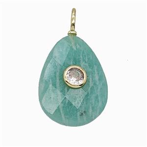 Natural Green Amazonite Teardrop Pendant Pave Zirconia Faceted, approx 15-20mm [GM25178]