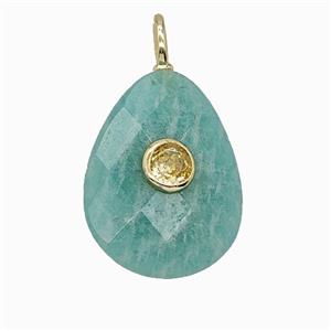 Natural Green Amazonite Teardrop Pendant Pave Zirconia Faceted, approx 15-20mm [GM25179]