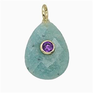 Natural Green Amazonite Teardrop Pendant Pave Zirconia Faceted, approx 15-20mm [GM25181]