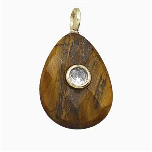 Natural Tiger Eye Stone Teardrop Pendant Pave Zirconia Faceted, approx 15-20mm [GM25182]