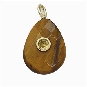 Natural Tiger Eye Stone Teardrop Pendant Pave Zirconia Faceted, approx 15-20mm [GM25183]