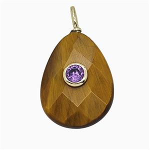 Natural Tiger Eye Stone Teardrop Pendant Pave Zirconia Faceted, approx 15-20mm [GM25185]